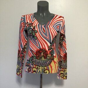 Vintage 90s Custo Barcelona Graphic Print V-Neck Top Size M